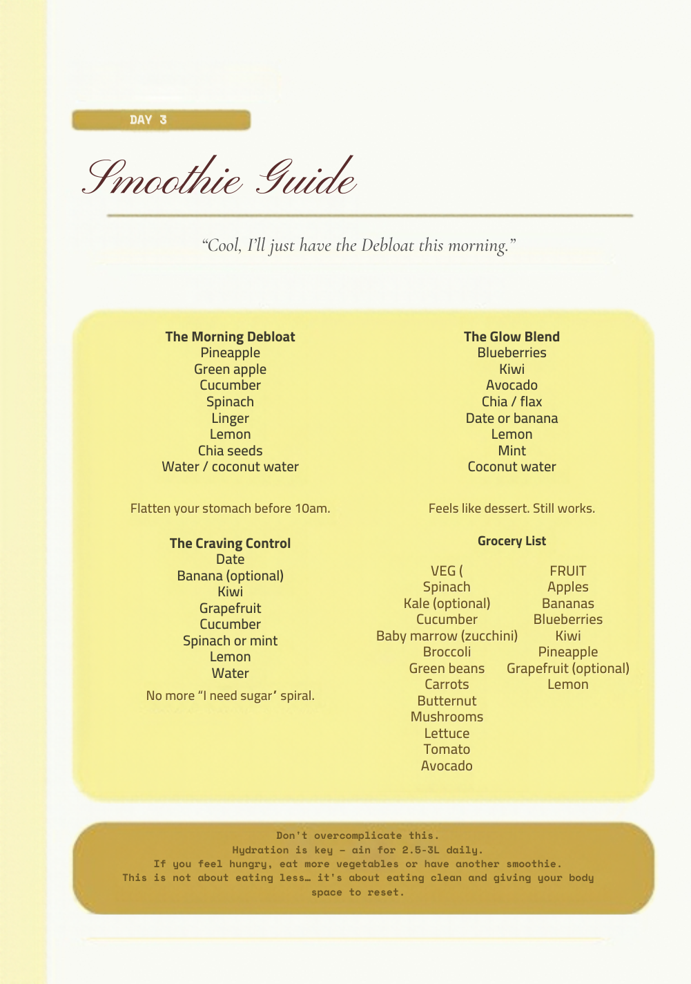 The 3-Day Reset smoothie guide page with three signature smoothie recipes