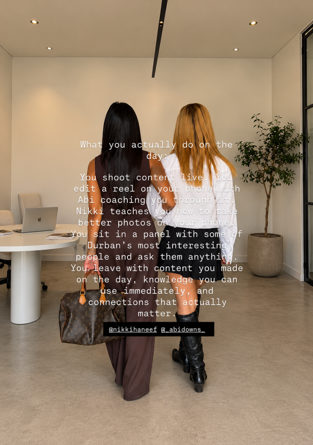 Abi Downs and Nikki walking through a bright studio, Beyond the Feed creator workshop