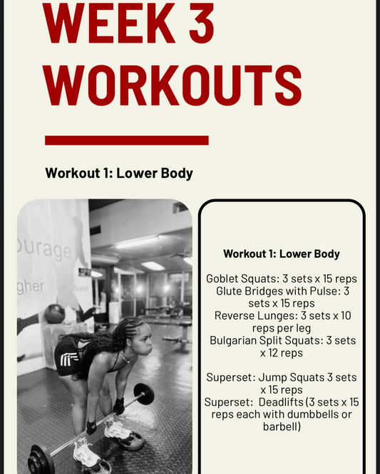 Fitness app screen showing Week 3 Workouts with a focus on lower body exercises.